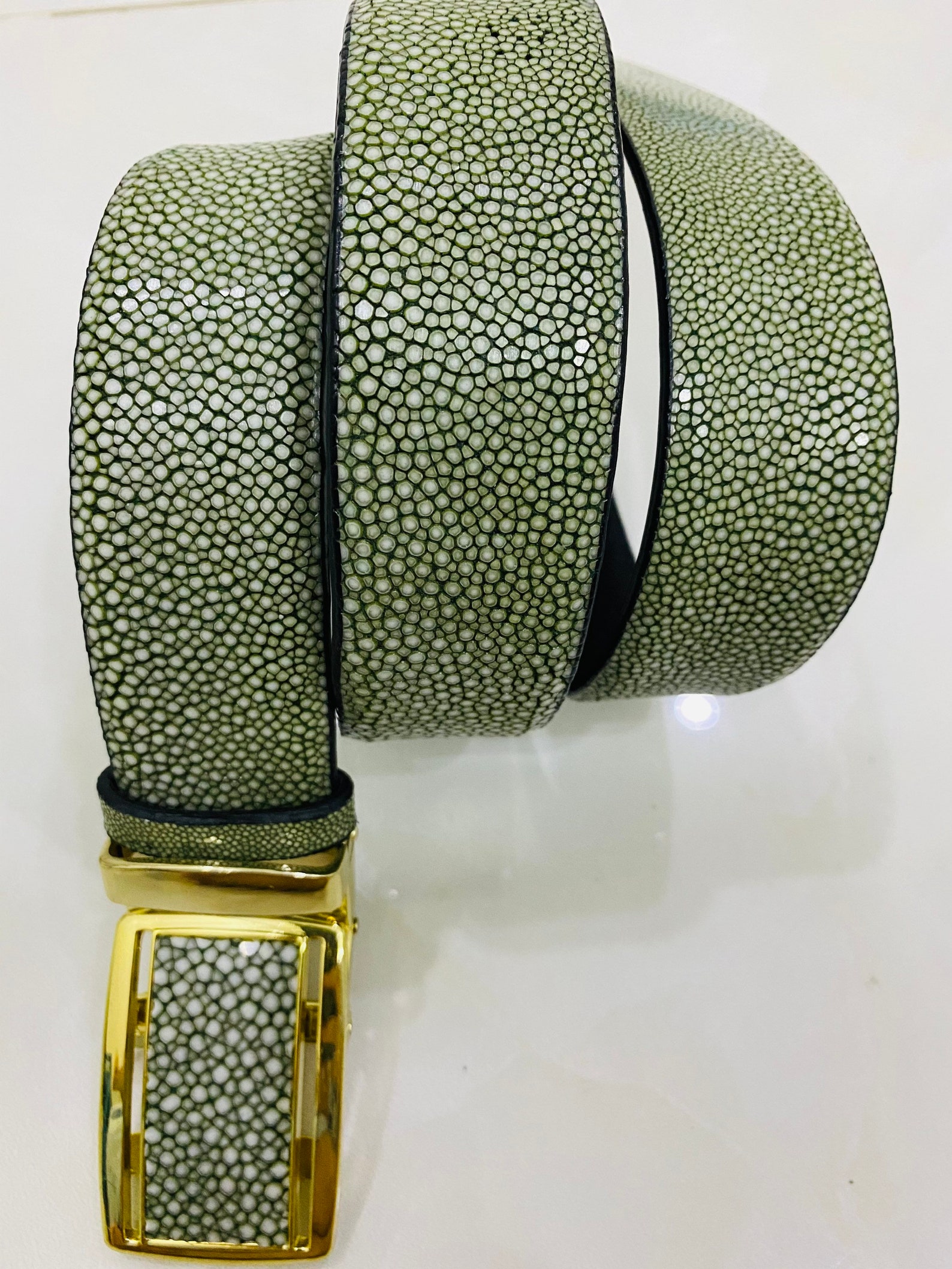 Green Genuine Stingray Leather Belt Mens Buckle high Quality Etsy copper-extra-large-deep-folding-gift-box-with-magnetic-closure