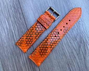 Cinturino In Pelle Serpente Arancione Fatto A Mano &ndash; Misure 16-26mm, Personalizzabile