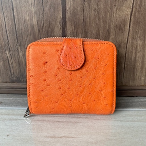 Carteira dupla dobrável de couro de avestruz genuíno laranja para mulheres (um zíper), carteira de couro artesanal, presente para ela, carteira personalizada