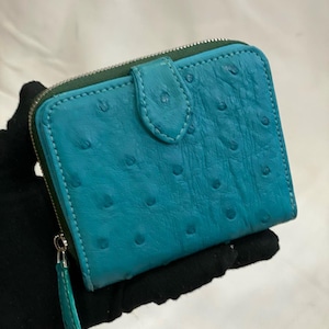 Carteira de couro de avestruz genuíno azul com duas dobras para mulheres (um zíper), carteira de couro feita à mão, presente para ela, carteira personalizada