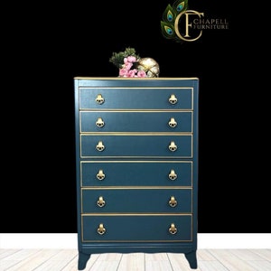 SOLD -Harris Lebus Oak chest of 6 drawer hand painted in Blue and Gold colour