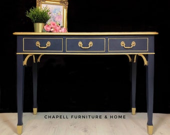 SOLD SOLD Example of my work Writing desk / Hall/ Console table/ Dressing table / 3 drawer / Navy Blue & Gold/ Vintage