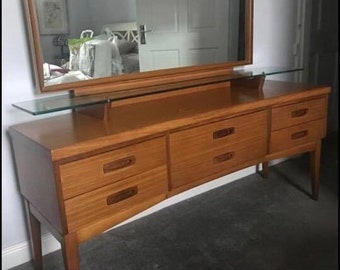 AVAILABLE FOR COMMISSION - Mid Century Modern Teak dressing table, Curved glass shelf and mirror attached