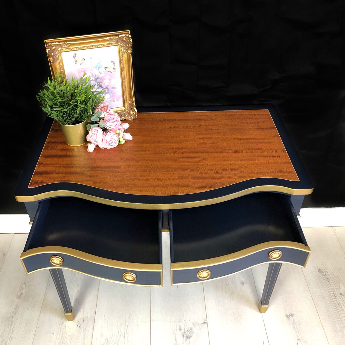 Writing desk Navy blue & Gold desk Regency style serpentine Etsy