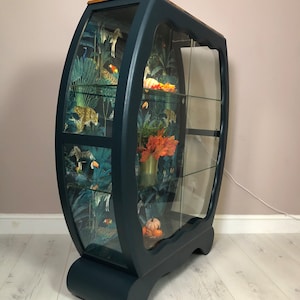 SOLD - Example of my work - Art Deco curved cocktail/display cabinet, glass shelves, curved glass sliding doors