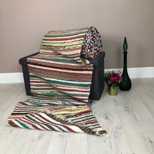 Hand Woven Multicoloured Rug, Stripy Rug, Stripy Runner, Rag Rug, Woven rug, Vintage, Carpet, Runner, Yoga mat