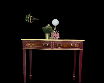 Serpentine Hall table / Console table with 2 curved drawers, Hand painted in burgundy & Gold colour
