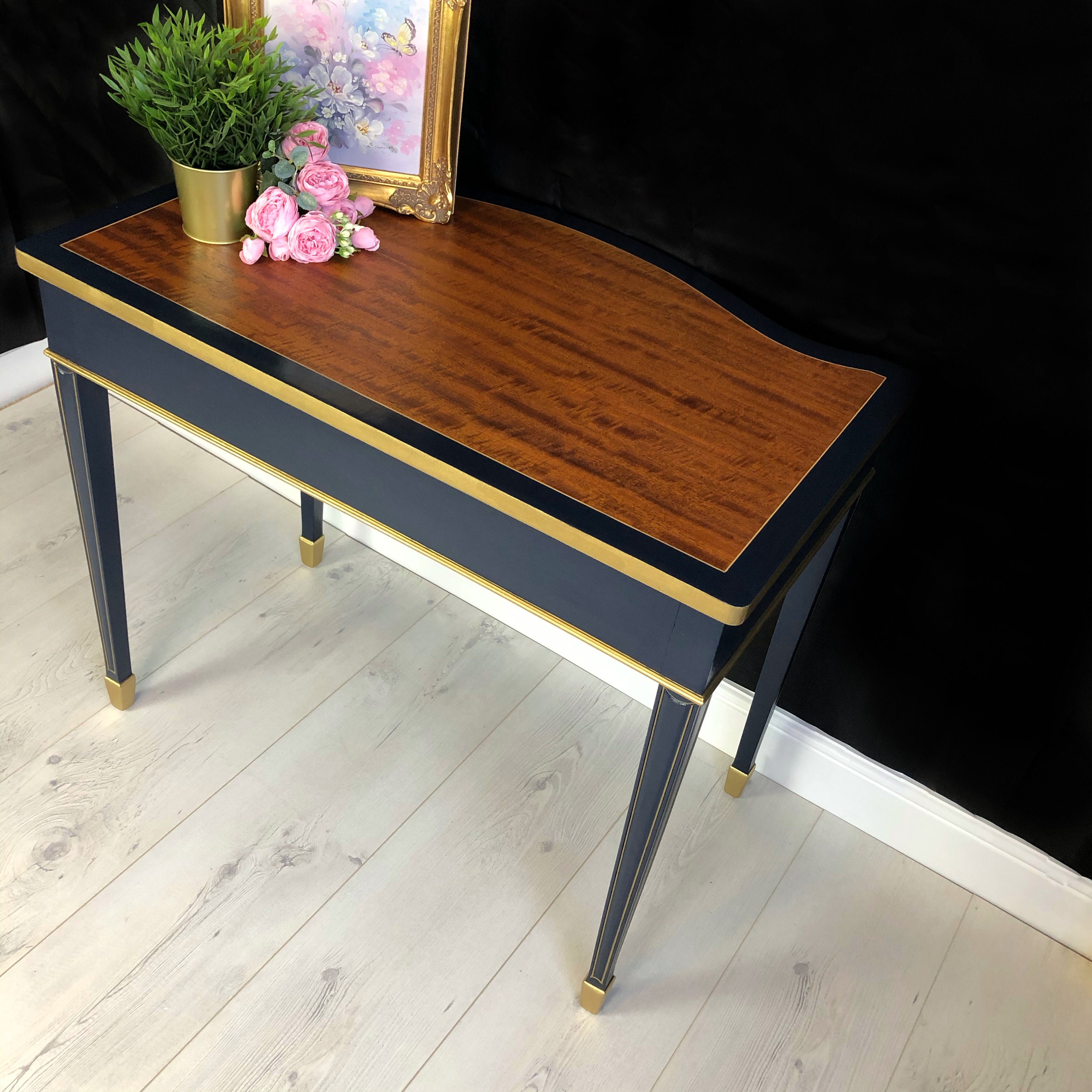 Writing desk Navy blue & Gold desk Regency style serpentine Etsy