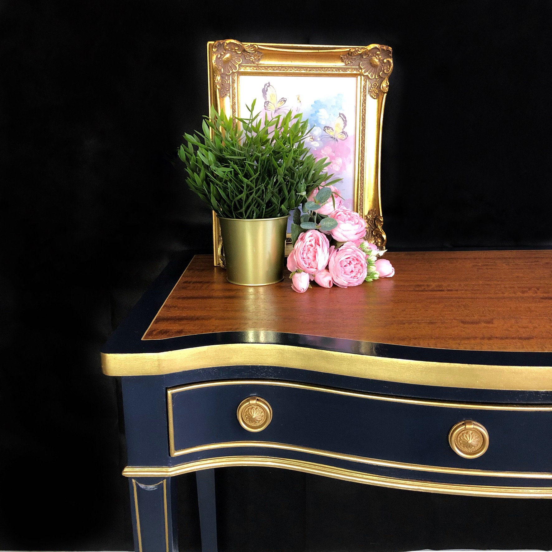 Writing desk Navy blue & Gold desk Regency style serpentine Etsy