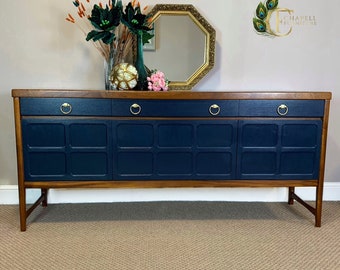 SOLD SOLD Example of my work  Mid Century Nathan "Squares" Sideboard, Drinks Cocktail Cabinet,  Hand painted in Navy Blue