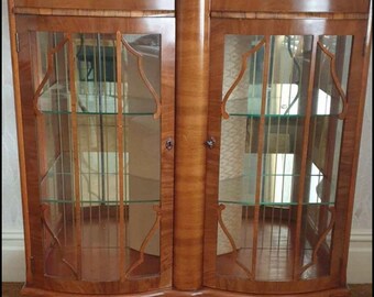 AVAILABLE TO COMMISSION Harris & Rose Bow-front Display Glass Cabinet, Cocktail/Drinks Cabinet, Walnut Veneer, Art Deco Drinks Cabinet