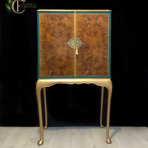 SOLD SOLD Example of my work - Vintage Drinks/Cocktail cabinet with serving tray, hand painted in teal green and gold