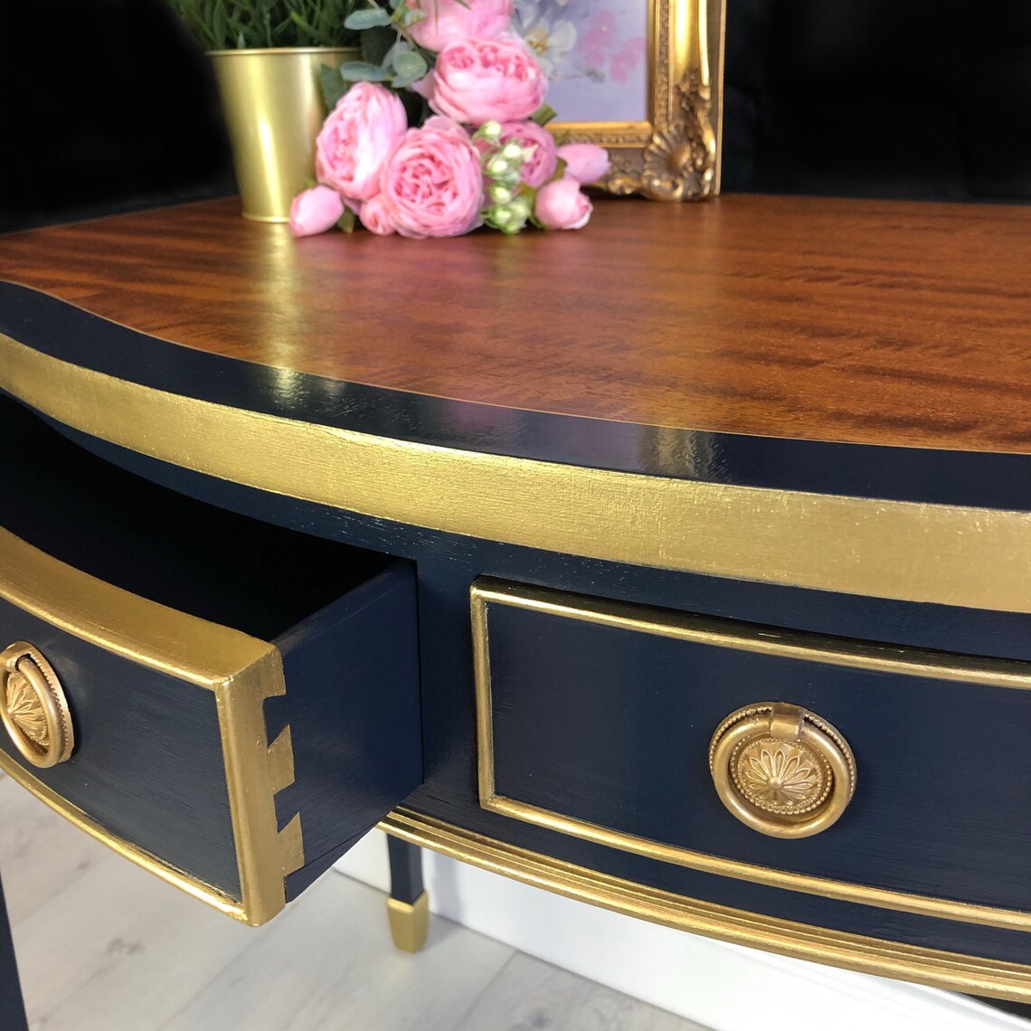 Writing desk Navy blue & Gold desk Regency style serpentine Etsy