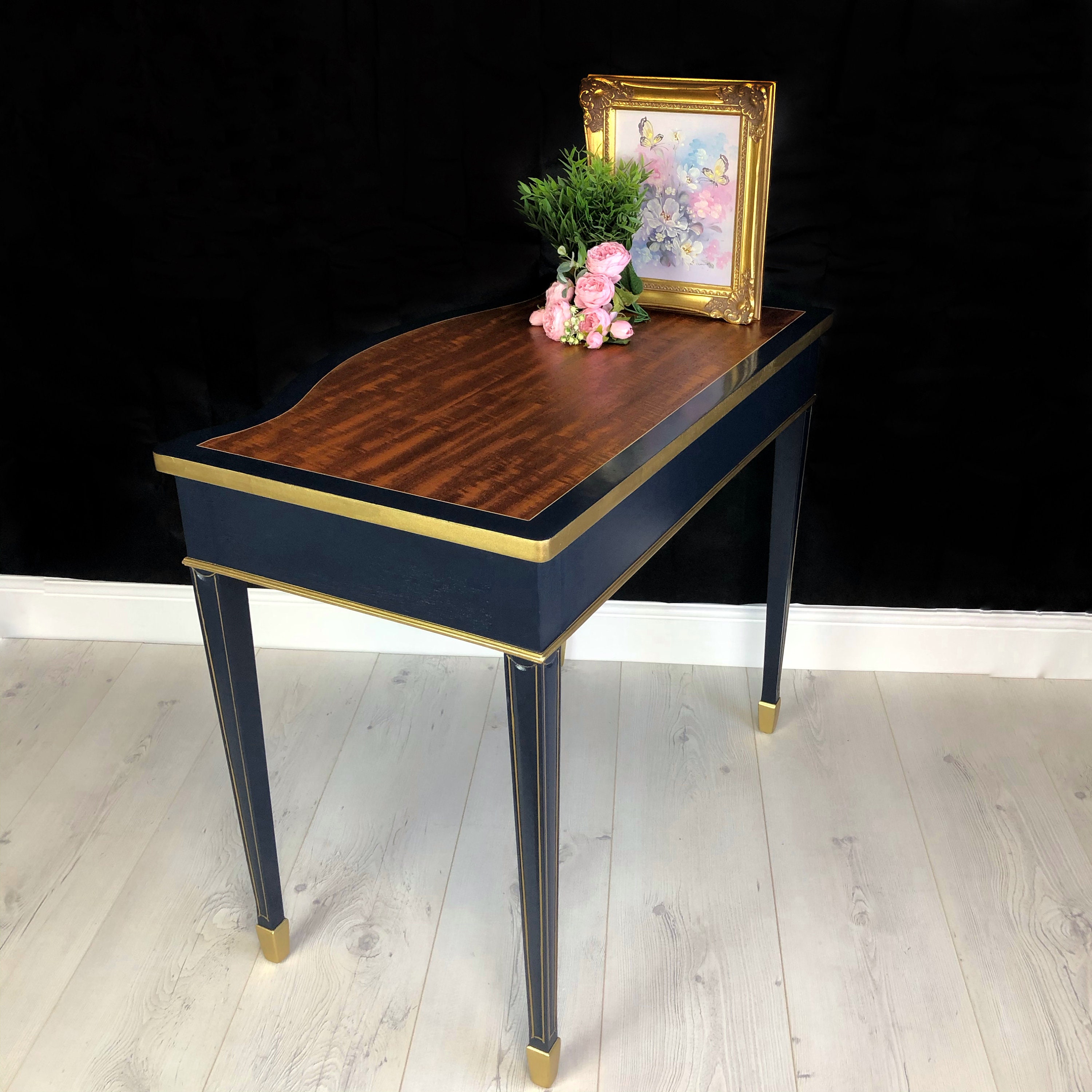 Writing desk Navy blue & Gold desk Regency style serpentine Etsy