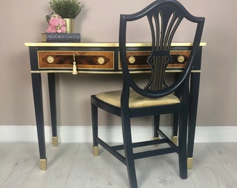 SOLD Example of my work - Regency style writing desk set with Heppelwhite style chair in Navy blue & Gold