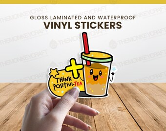 think positive stickers, food stickers, journal, food decals, vinyl decals, bubble tea stickers, hydroflask stickers, personalize stanley