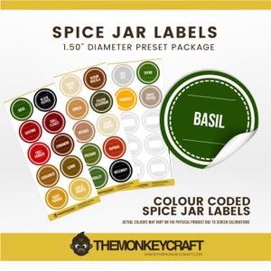 May include: A set of 1.5 inch diameter color-coded spice jar labels with a variety of spice names printed on them. The labels are organized by color and include names like Basil, Black Pepper, Cayenne, Chili Flakes, Chili Powder, Cinnamon, Coriander, Cumin, Curry Powder, Garlic Powder, Ginger, Italian Seasoning, Nutmeg, Oregano, Parsley, Paprika, Rosemary, Sea Salt, Thyme, Turmeric, and White Pepper.