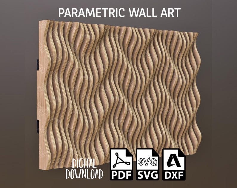 Op de afbeelding: Parametrische wandkunst van lichtbruin hout met een golfachtig ontwerp. Het kunstwerk heeft een driedimensionale uitstraling en is voorzien van het label "DIGITALE DOWNLOAD" met pictogrammen voor PDF, SVG en DXF.