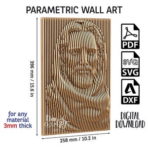 May include: Parametric wall art digital download featuring a 3D-style portrait of a person with long hair. The design measures 396 mm by 258 mm and is intended for 3 mm thick material. Includes PDF, SVG, and DXF file formats for laser cutting.