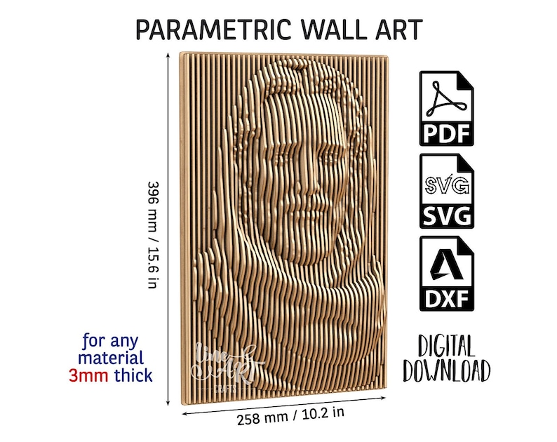 May include: Parametric wall art digital download featuring a 3D-style portrait of a person with long hair. The design measures 396 mm by 258 mm and is intended for 3 mm thick material. Includes PDF, SVG, and DXF file formats for laser cutting.