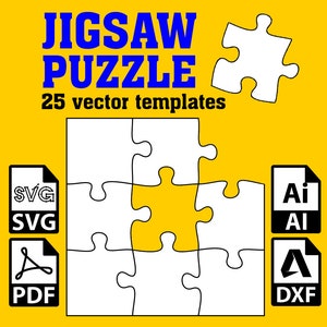May include: A yellow background with the words "JIGSAW PUZZLE" in blue, and "25 vector templates" in black. The image features a jigsaw puzzle design with white puzzle pieces and file type icons for SVG, PDF, AI, and DXF.