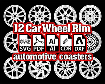 Wheels Coaster Set SVG, Car Wheel Rim Coaster Set, Automotive Coaster Set, Automotive Rims 12 Templates, SVG, Ai, Pdf, Dxf, Digital Download