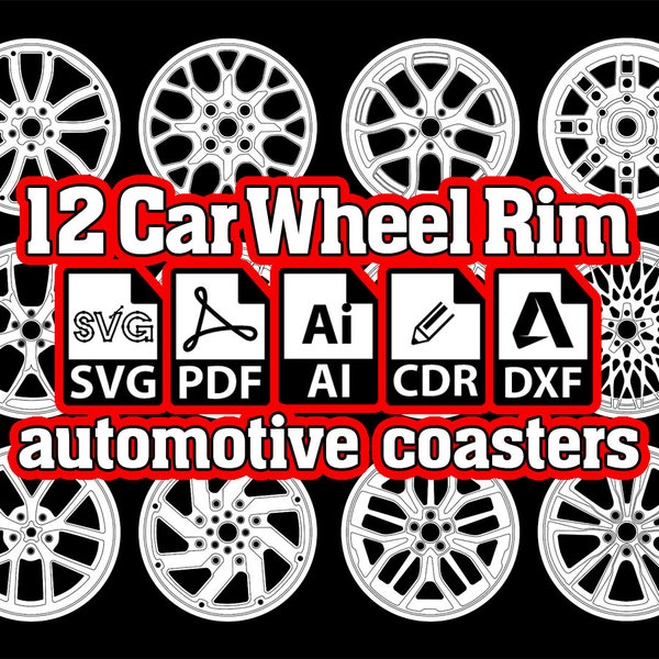 Wheels Coaster Set SVG, Car Wheel Rim Coaster Set, Automotive Coaster Set, Automotive Earrings, Auto Rims 12 Templates, SVG, Ai, Pdf, Dxf