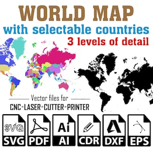 Wereldkaart Vectoren, CNC, Laser, Snijder, Printer, Wereldkaart afdrukken, Wereldreiskaart, Wereldkaartposter, Wereldkaart SVG, Ai, Pdf, Cdr, Eps