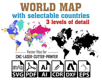 World Map Vector File, CNC Laser Cutter Printer, SVG, Ai, Pdf, Digital Download