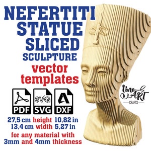 Plantilla vectorial de escultura de Nefertiti cortada, Escultura de cartón de Nefertiti SVG, Estatua paramétrica de Nefertiti, Vector cortado con láser (SVG, PDF, DXF)