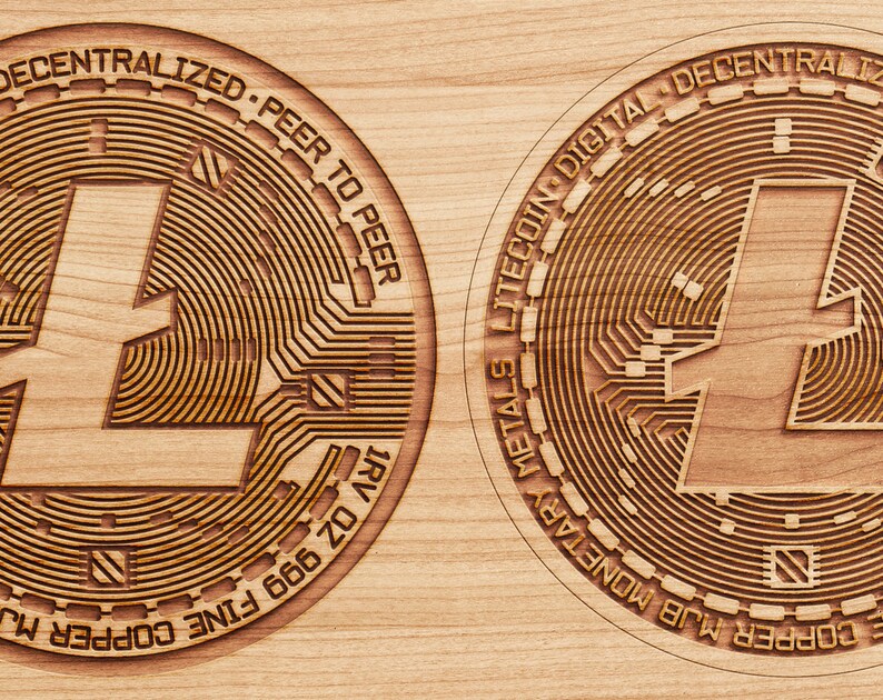 May include: Two wooden Litecoin coins with the Litecoin logo and text "DECENTRALIZED PEER TO PEER 1RV OZ 999 FINE COPPER MJB" and "LITECOIN DIGITAL DECENTRALIZED MONETARY METALS COPPER MJB" on each side.