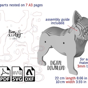 Op de afbeelding: Een gelaagd houten model van een Franse Bulldog, 22 cm lang en 10 cm breed, met een montagehandleiding. De digitale download bevat PDF-, SVG- en DXF-bestanden. Het ontwerp is geschikt voor elk materiaal van 3 mm dik.