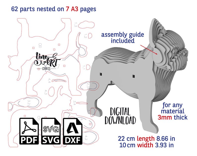 Op de afbeelding: Een gelaagd houten model van een Franse Bulldog, 22 cm lang en 10 cm breed, met een montagehandleiding. De digitale download bevat PDF-, SVG- en DXF-bestanden. Het ontwerp is geschikt voor elk materiaal van 3 mm dik.