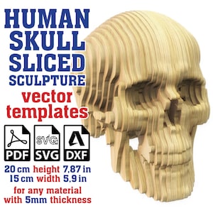 Modèle vectoriel en tranches de sculpture de crâne humain 5 mm, sculpture en carton de tête de mort, crâne de scie à chantourner, tête de mort découpée au laser, paramétrique, Svg, Pdf, Dxf