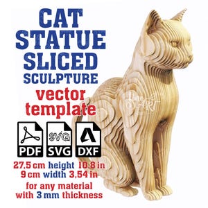 Plantilla vectorial de escultura de gato cortada de 3 mm, estatua de gato, estatua de gato paramétrica, escultura de gato, figura de gato, SVG, DXF, PDF, descarga digital