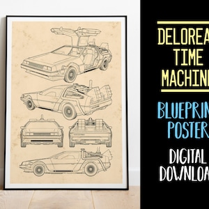 DeLorean Blueprint, Delorean Time Machine Blueprint, Delorean DMC Printable Poster, Delorean Wall Art, Car Blueprint Poster Download JPG