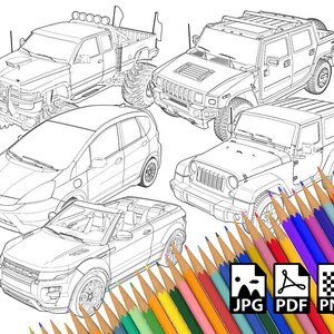 May include: A coloring page featuring five different types of cars: a pickup truck, a large SUV, a Jeep, a compact car, and a convertible. The cars are drawn in black and white outline and are ready to be colored in.
