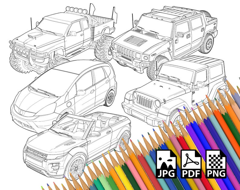 May include: A coloring page featuring five different types of cars: a pickup truck, a large SUV, a Jeep, a compact car, and a convertible. The cars are drawn in black and white outline and are ready to be colored in.