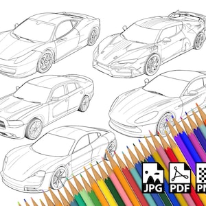 May include: A coloring page featuring five different car models: a red sports car, a blue sports car, a black sedan, a white sedan, and a silver sports car. The cars are drawn in a simple, cartoon style and are ready to be colored in.