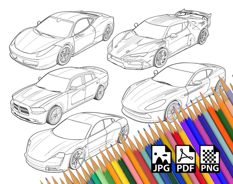 May include: A coloring page featuring five different car models: a red sports car, a blue sports car, a black sedan, a white sedan, and a silver sports car. The cars are drawn in a simple, cartoon style and are ready to be colored in.