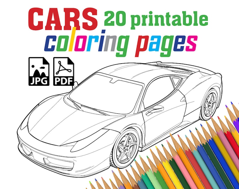 May include: A black and white line drawing of a sports car. The car is facing the viewer and has a sleek, modern design. The image is titled "CARS 20 printable coloring pages" and includes icons for JPG and PDF file formats.