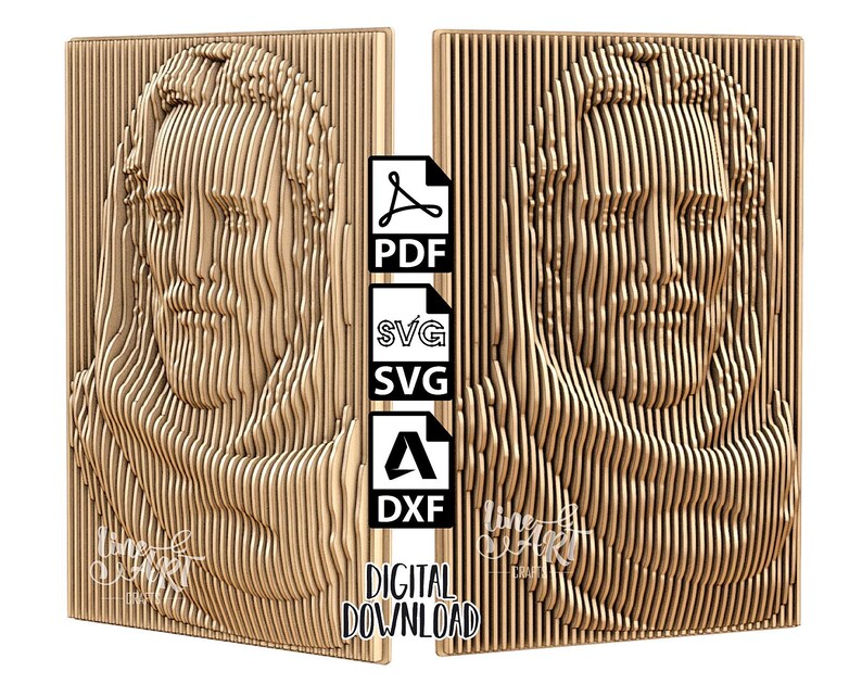 May include: A digital download file featuring a 3D-style vertical slat relief portrait of a bearded figure. The image includes icons for PDF, SVG, and DXF file formats, along with the text "DIGITAL DOWNLOAD" and a stylised "line art" logo.
