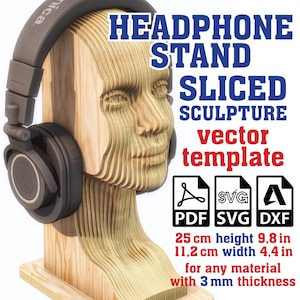Plantilla vectorial de soporte para auriculares (SVG), soporte para auriculares con cabeza femenina, soporte para auriculares SVG, soporte para auriculares paramétrico, soporte para auriculares SVG, PDF, DXF