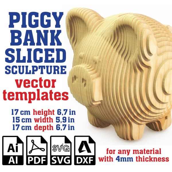 Piggy Bank Sculpture Sliced Vector template, Coin Bank, Piggy Bank Sculpture, PiggyBank SVG template, Parametric figure, Svg, Ai, Pdf, Dxf