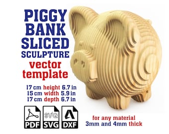 Piggy Bank Sculpture Sliced Vector template 3mm, Coin Bank, Piggy Bank Sculpture, Parametric Piggy figure, Svg, Pdf, Dxf Digital Download