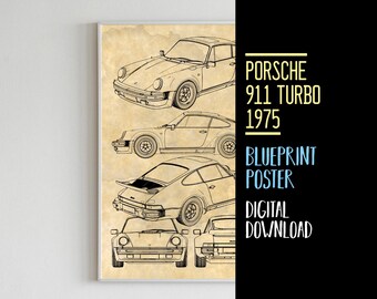 Póster del Porsche 911 Turbo de 1975, diseño de coche deportivo (descarga digital)