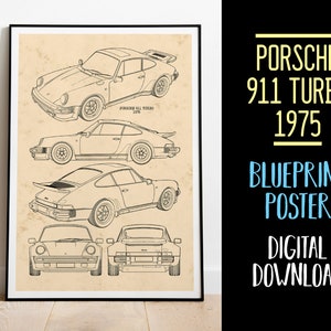 Progetto Porsche 911 Turbo del 1975 in formato JPG, Poster stampabile Porsche 911 Turbo, Decorazione murale Porsche 911 Turbo, Download poster progetto auto in formato JPG
