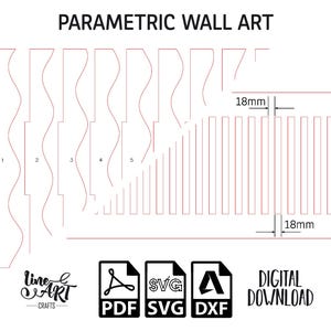 Op de afbeelding: Digitale download van parametrische wandkunstontwerpen. De afbeelding toont verschillende rode lijntekeningen van wandkunstwerken, waaronder golvende en lineaire patronen. De tekst "PARAMETRIC WALL ART" staat bovenaan. De afbeelding bevat ook bestandstype-pictogrammen voor PDF, SVG en DXF.