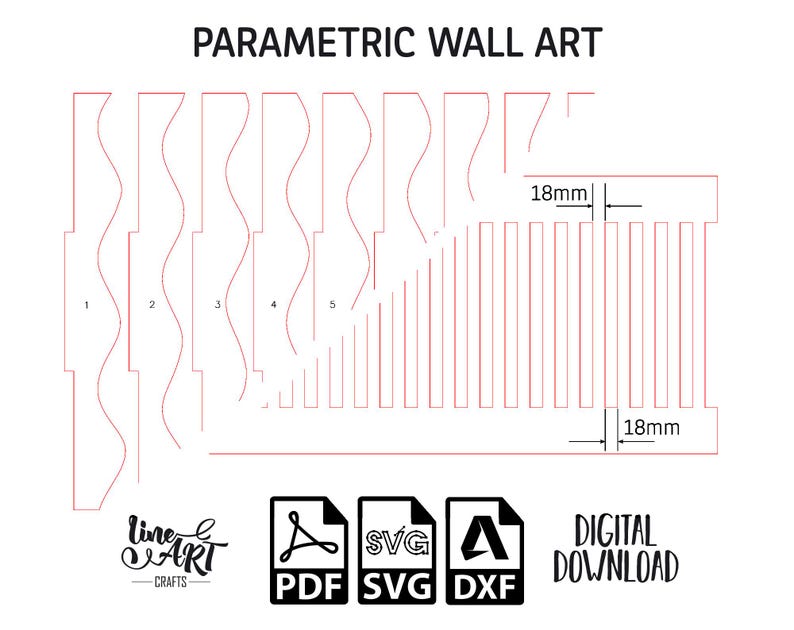 Op de afbeelding: Digitale download van parametrische wandkunstontwerpen. De afbeelding toont verschillende rode lijntekeningen van wandkunstwerken, waaronder golvende en lineaire patronen. De tekst "PARAMETRIC WALL ART" staat bovenaan. De afbeelding bevat ook bestandstype-pictogrammen voor PDF, SVG en DXF.