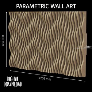 Op de afbeelding: Houten parametrische wandkunst met een 3D golvend ontwerp. Het paneel is 120,6 cm breed, 80 cm hoog en 1,8 cm dik. De tekst luidt "Parametric Wall Art" en "Digital Download".